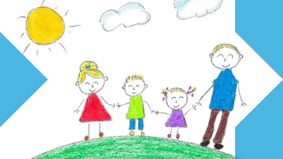 Dessin d’enfant représentant une famille souriante se tenant par la main, symbole de lien, de soin et de soutien familial à distance avec sendvalu.