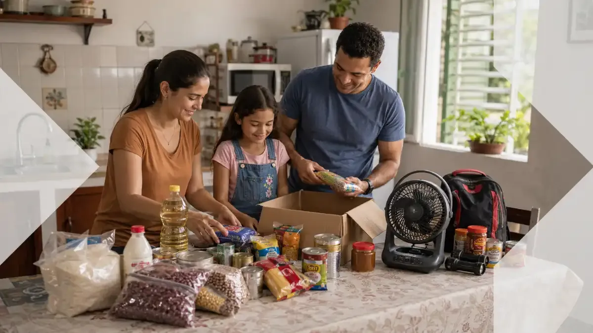 Familia en Cuba desempacando alimentos básicos y un Kit de Emergencia enviado a través de sendvalu, con arroz, frijoles, aceite, leche, conservas y un ventilador recargable.