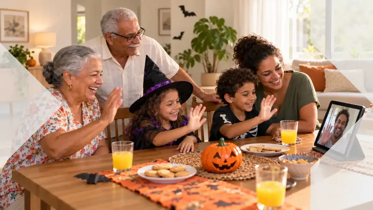 Family with children in Halloween costumes waving to a relative during a video call, with a pumpkin, biscuits and juice on the table.