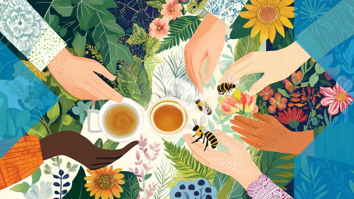 Illustration of diverse hands sharing tea among bees, flowers, and leaves, symbolizing culture, biodiversity, and everyday connection with sendvalu.