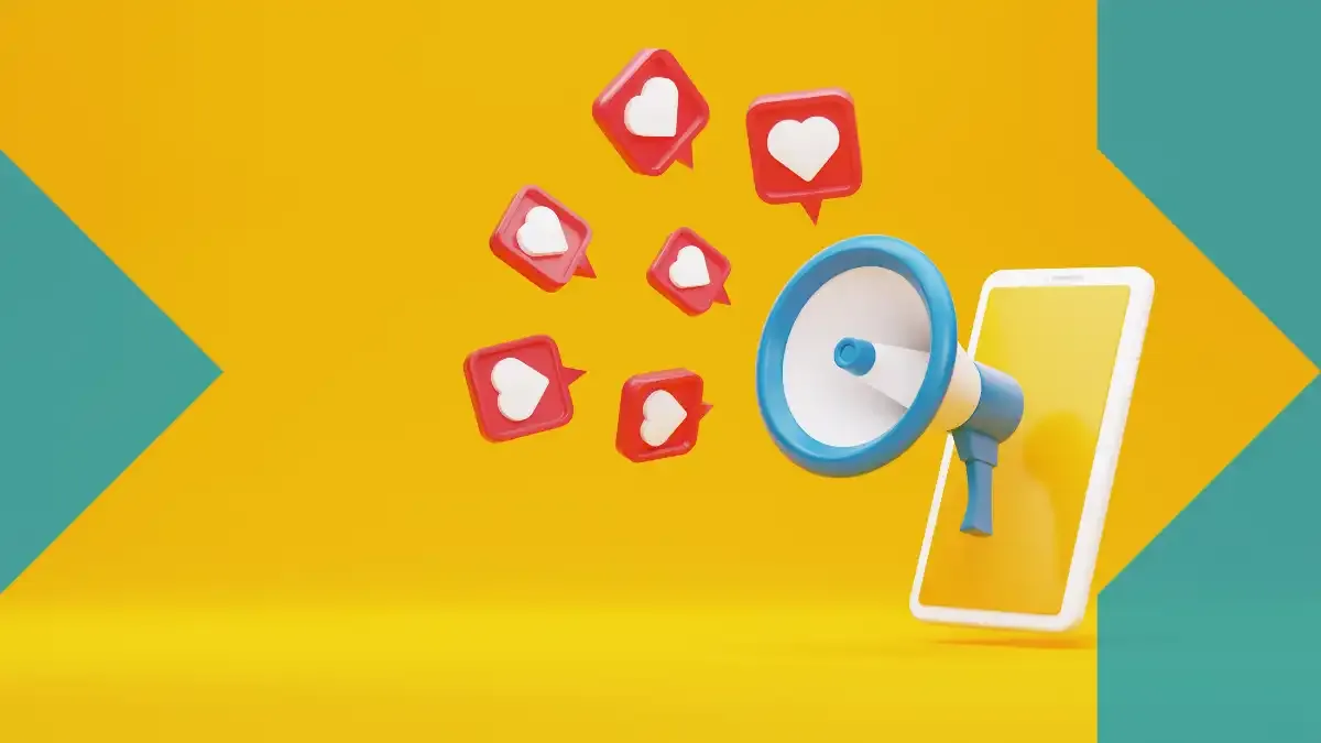 Social-Media-Symbole, ein Smartphone und ein Megafon als Darstellung von Online-Kommunikation, familiärer Verbindung und digitaler Unterstützung mit sendvalu.