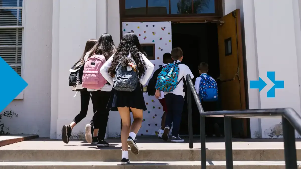 Children with backpacks walking into school for the first day of class.