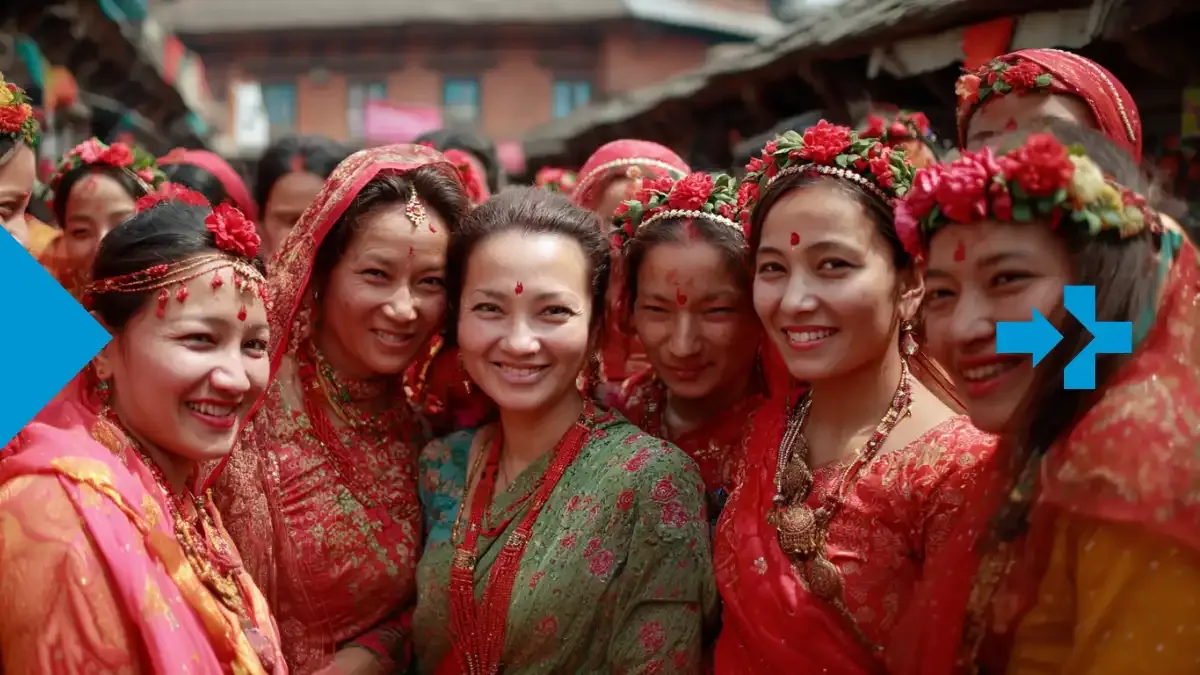 Groupe de femmes népalaises en tenues traditionnelles rouges et vertes souriant pendant le festival Teej au Népal.