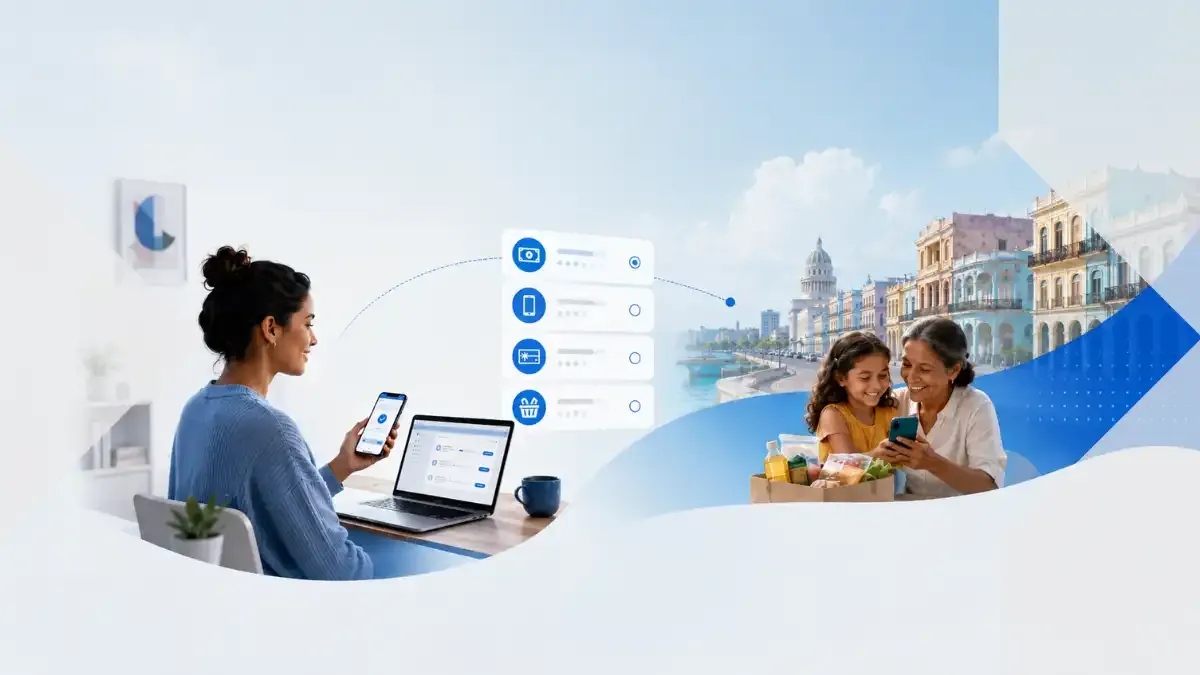 Mujer en el extranjero usando sendvalu para apoyar a su familia en Cuba mediante envíos de dinero, recargas móviles, tarjetas regalo digitales y cestas de alimentos.