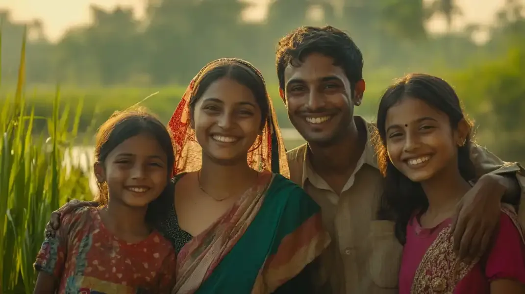 Bangladeshi family smiling together outdoors, symbolizing the support and stability made possible through remittances.
