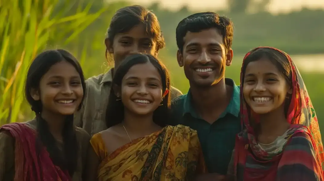 Group of Bangladeshi children and adults smiling, reflecting the happiness brought by receiving digital gift cards.