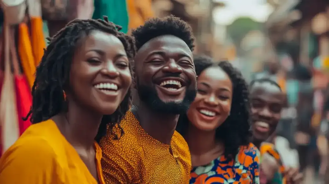 Group of smiling friends wearing traditional Ghanaian clothing, representing family joy and support.