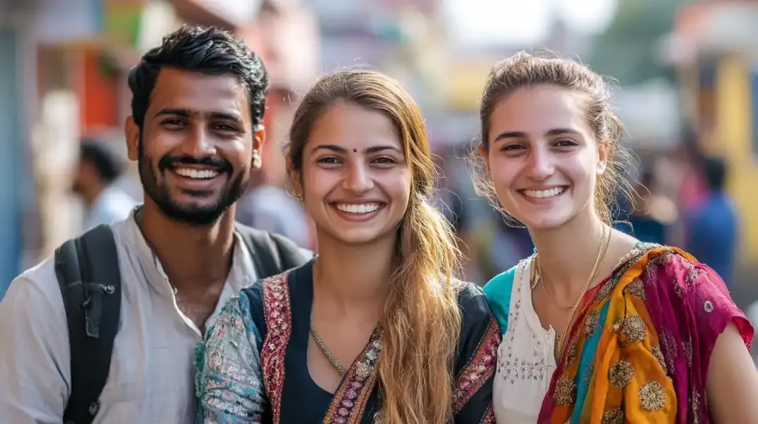 Three young adults smiling outdoors on a busy Indian street.