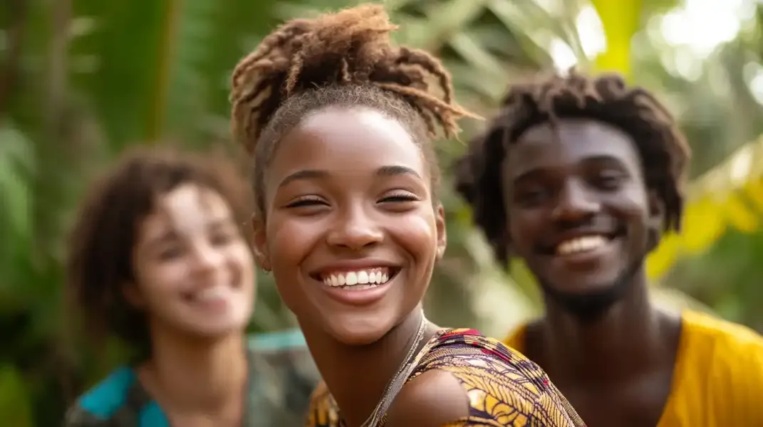 Group of cheerful young adults in traditional outfits, gathered in an Ivorian village setting.