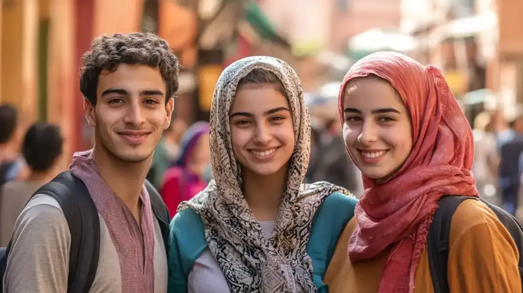 Three smiling Moroccan youth in a traditional market street, wearing colorful headscarves and casual clothing.