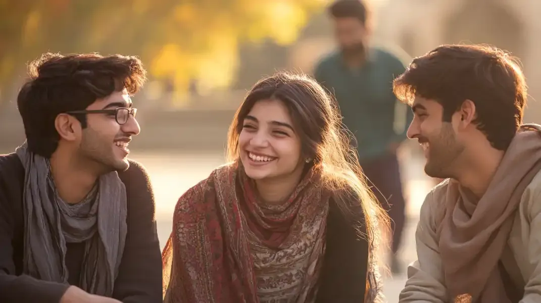 Three young friends in Pakistan smiling outdoors, symbolizing connection and support through remittances.